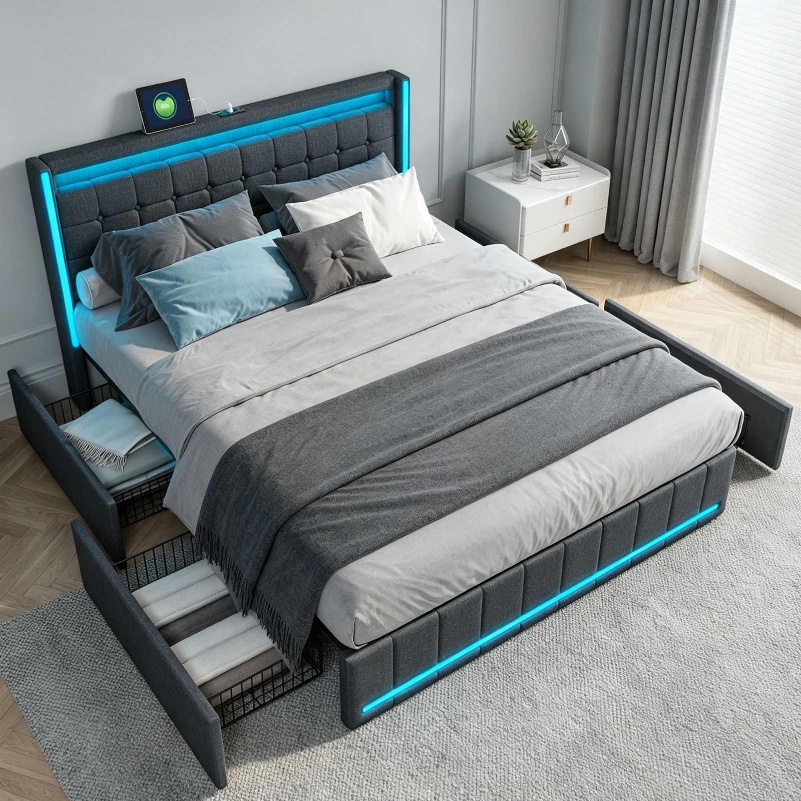 Cama de 160x con caja de almacenamiento LED, estructura de cama doble acolchada con 4 cajones y cabeceras, camas para 2 personas para adultos y adolescentes, color lino.