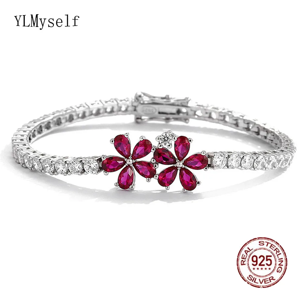 

Pure Silver Flower Tennis Bracelet Pave 3*5 mm Ruby Mix 3 mm White Cubic Zircon Real 925 Jewelry For Women