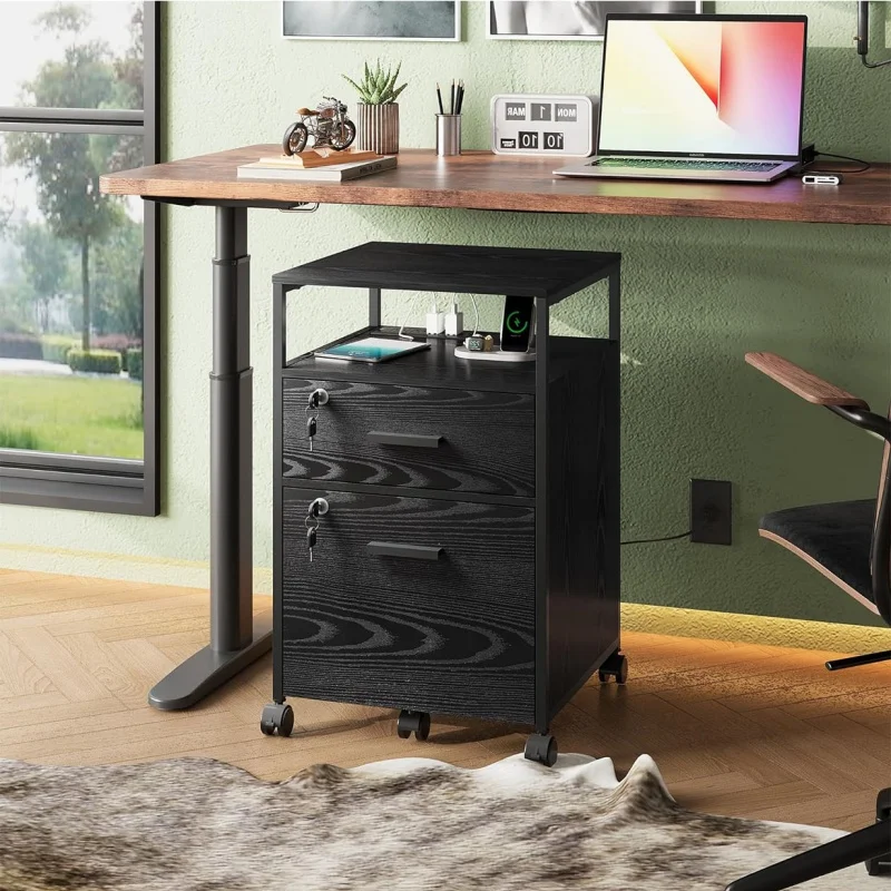 

GALAXHERO 2 Drawer Filing Cabinet with Lock Charging Station Mobile Printer Stand with Open Storage Shelf for Home Office