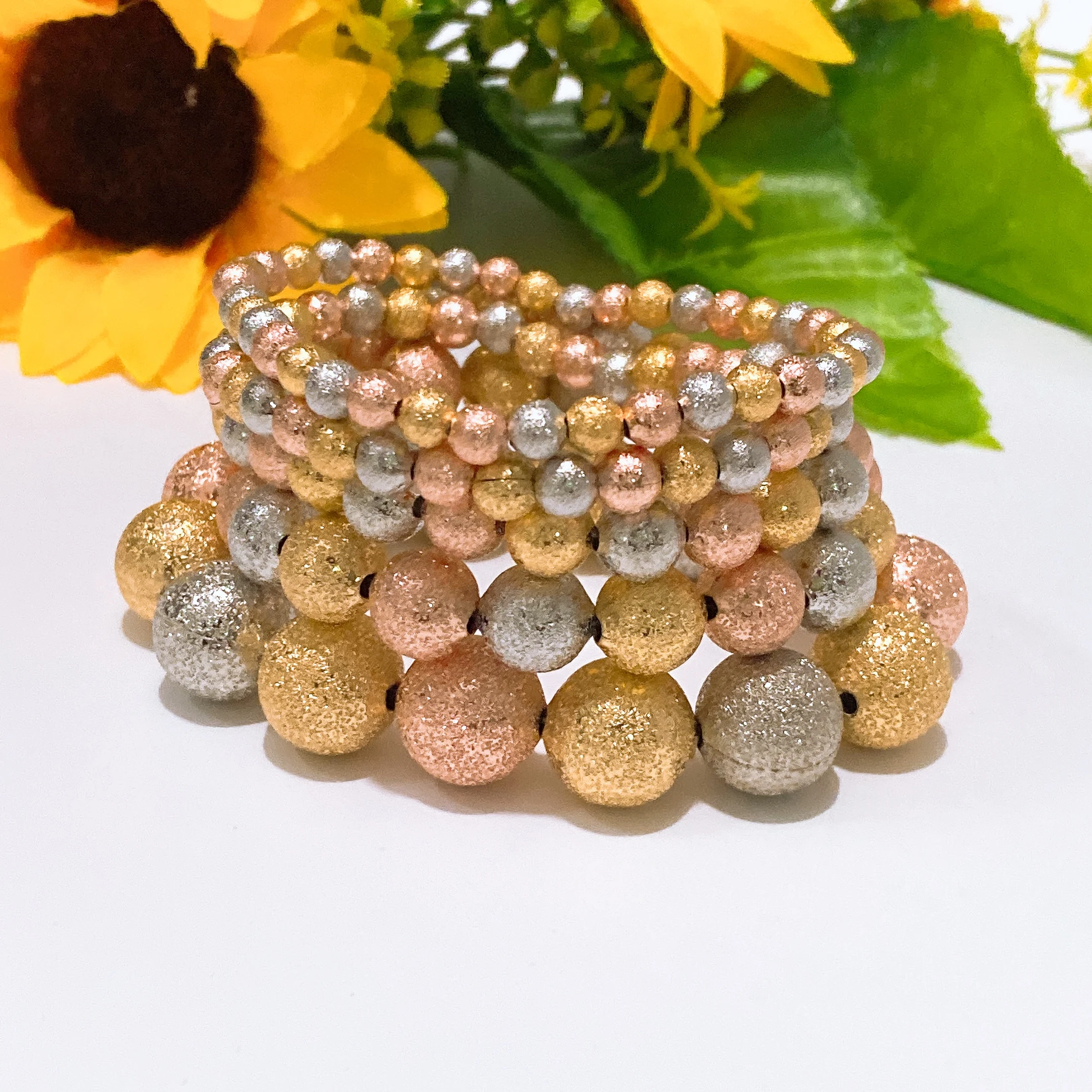 Yulaili African Fashion Beaded Bracelet Anti-Allergy Tri-Color Gold Silver Rose Gold Plated Frosted Ball Stretch Bangles