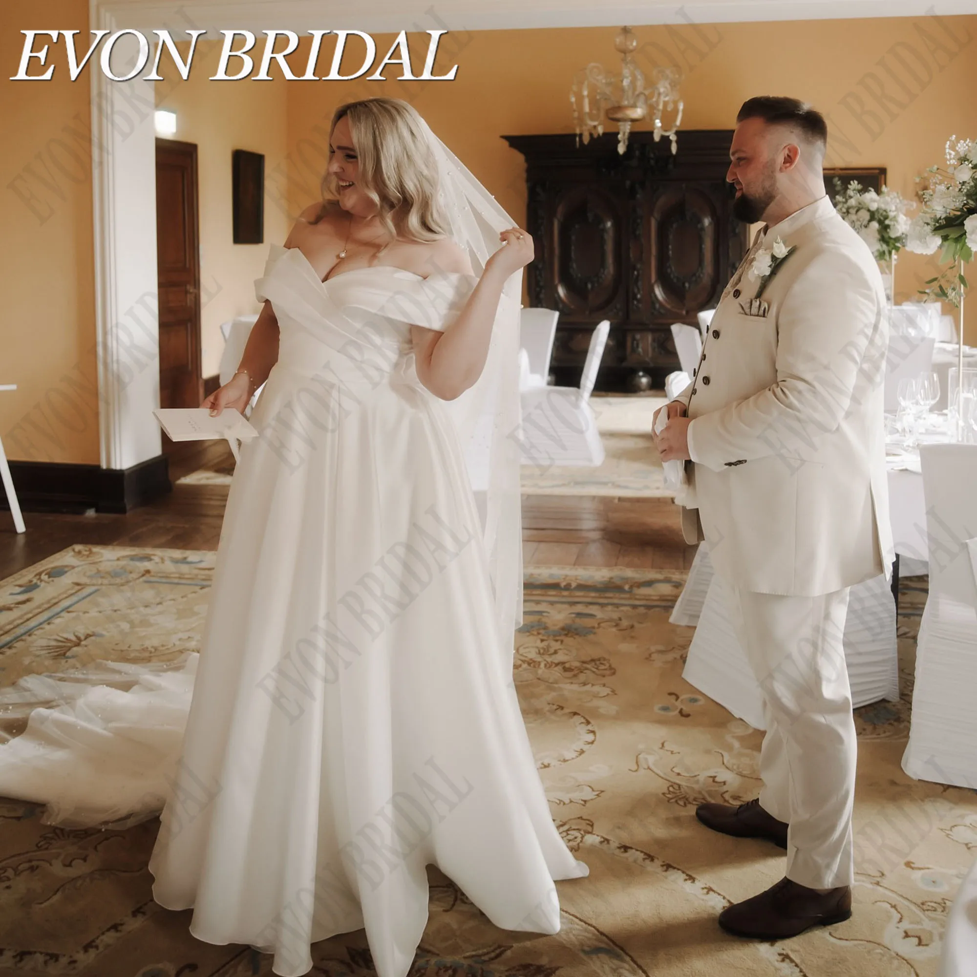 

EVON BRIDAL Satin Off Shoulder Wedding Dress Plus Size Woman V-Neck A-Line Sweep Train Robe De Mariée Elegant Bride Gowns