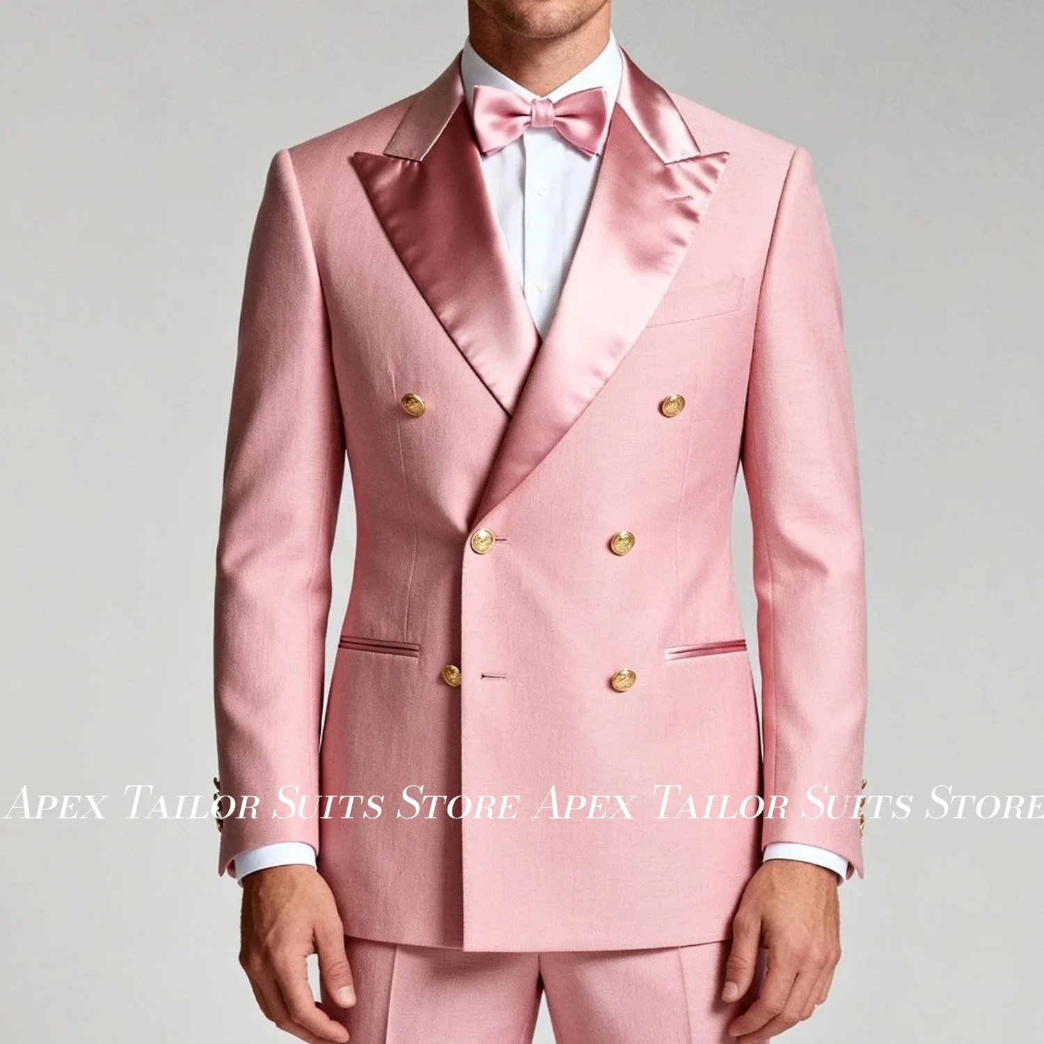Men Pink Double Breasted Suit 2 Pieces Satin Lapel Gold Buttons Formal Wedding Tuxedo Jacket Pants Party Evening Prom Costume