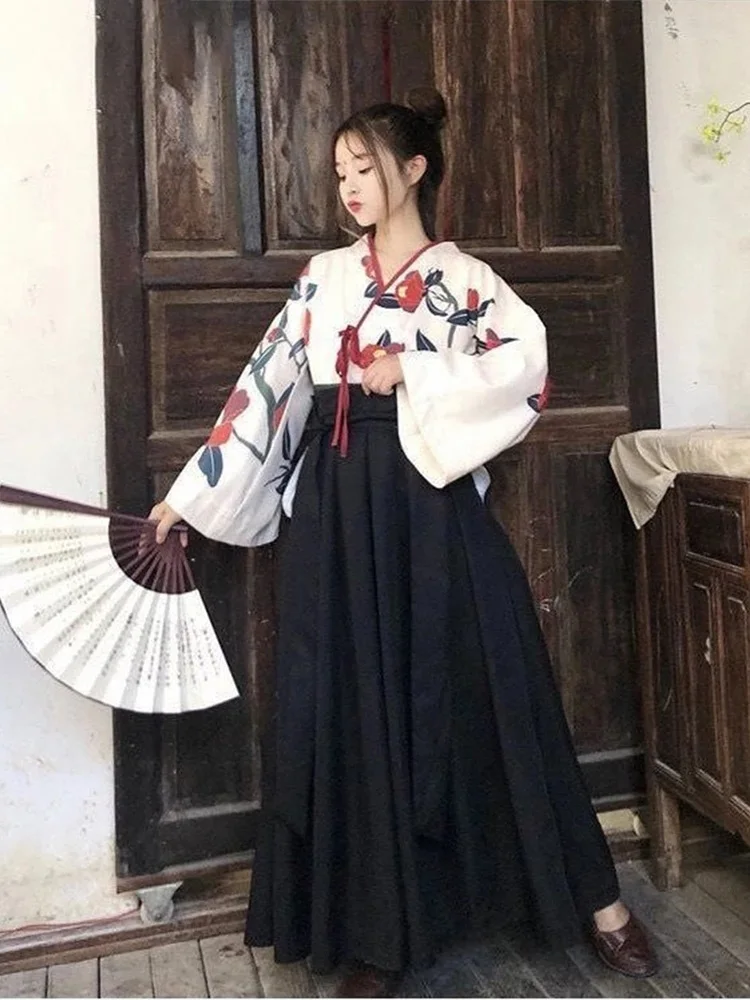 2023 Japanese Style Floral Print Dress Cosplay Long Kimono Skirt Kawaii Clothing Girls Party Robe Set Vintage Costume Asian