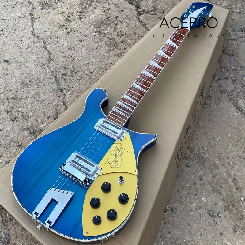 New Trapeze Tailpiece 660 Electric Guitar, Transparent Blue 6 String Guitarra Gold Pickguard, Checkerboard Binding