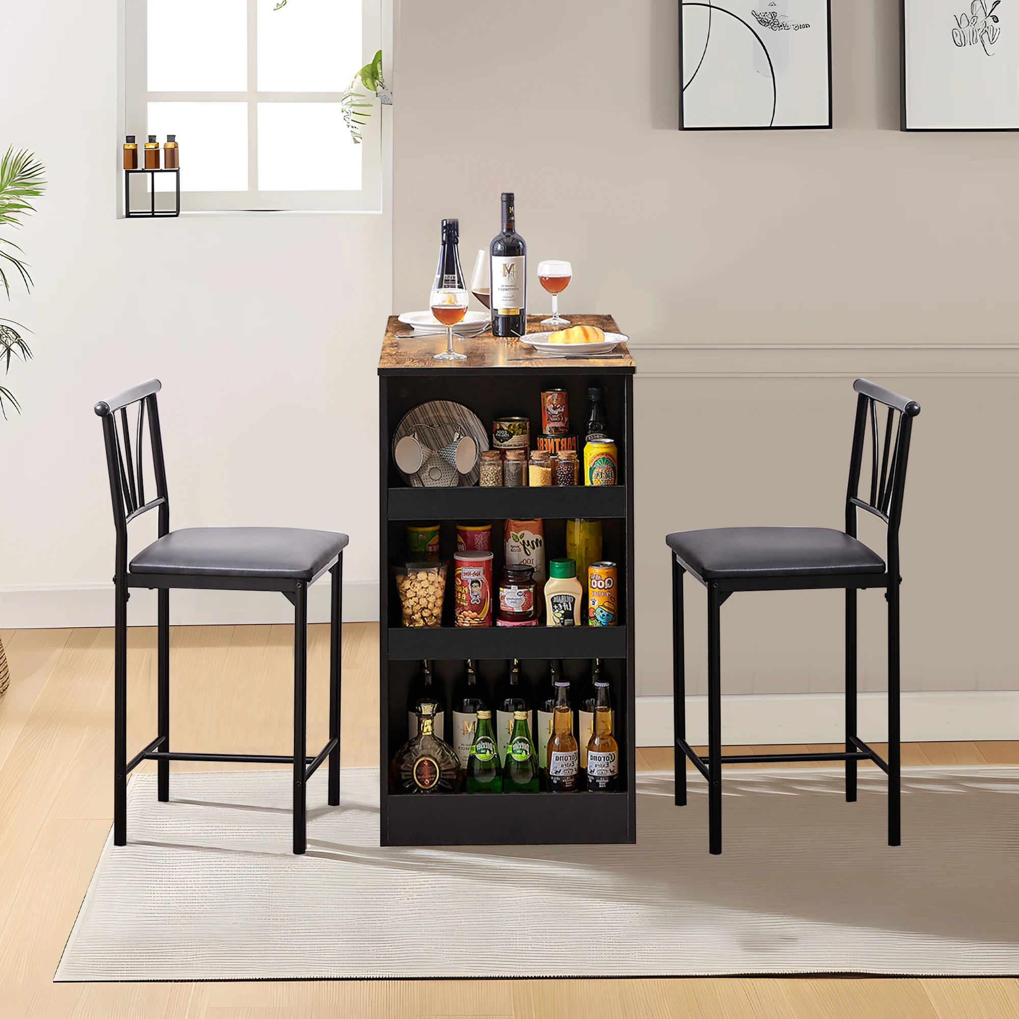 

VECELO 2 - Person Counter Height Dining Set Small Bar Table and Chairs Tall Kitchen Breakfast Nook Space-Saving Dining Set