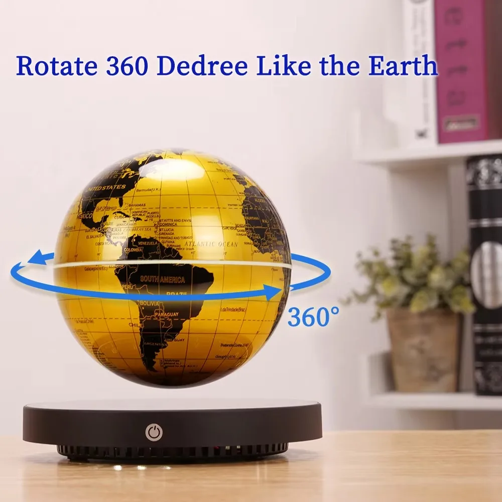 Base de relógio redonda para mesa de mesa, mapa do mundo giratório, levitação magnética, globo de luz LED branco flutuante, inglês dourado, 6 pol, 14cm