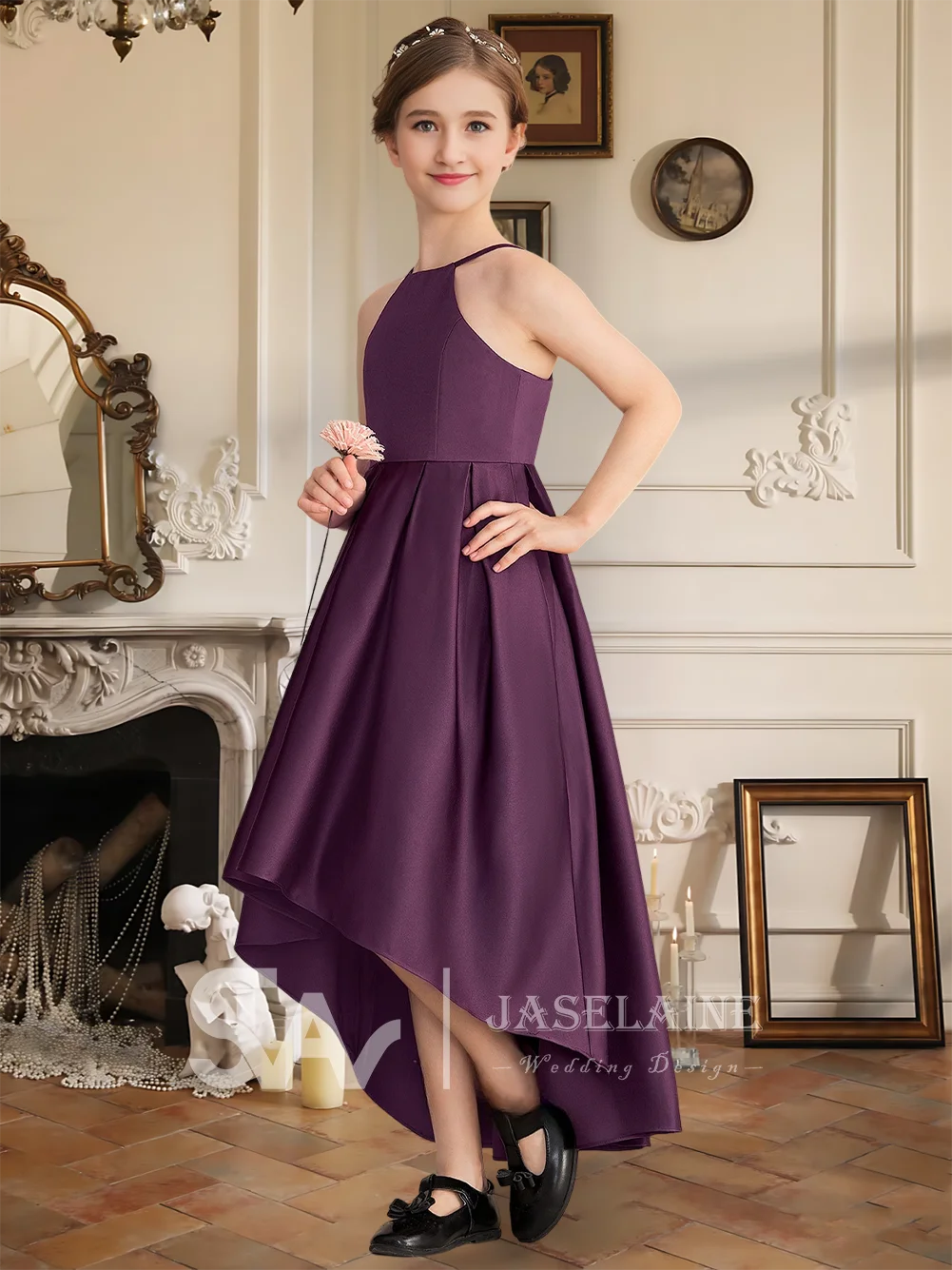 Асимметричное атласное платье трапециевидной формы с лямкой на шее для юниоров с высокой низкой юбкой, платье с цветочным узором для девочек, официальная свадьба для девочек