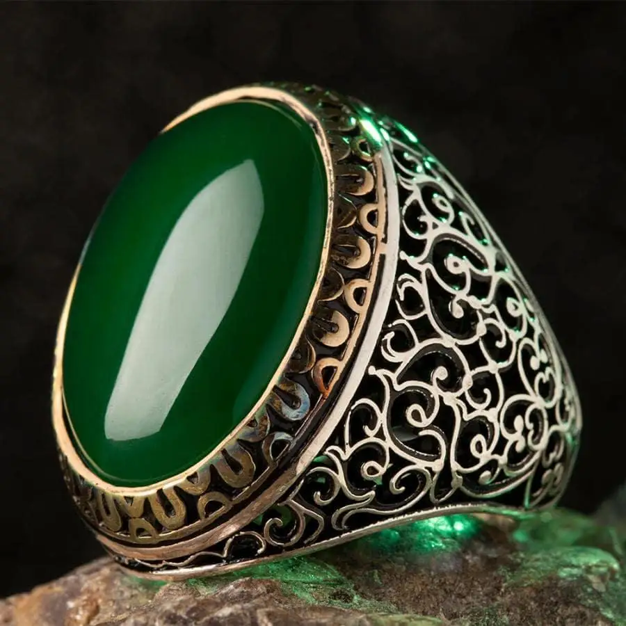 925 Sterling Silver Elegant Model Big Green Agate Stone Craftsman Work Men' Ring Exclusive Chic Accessory for Men Special Ring