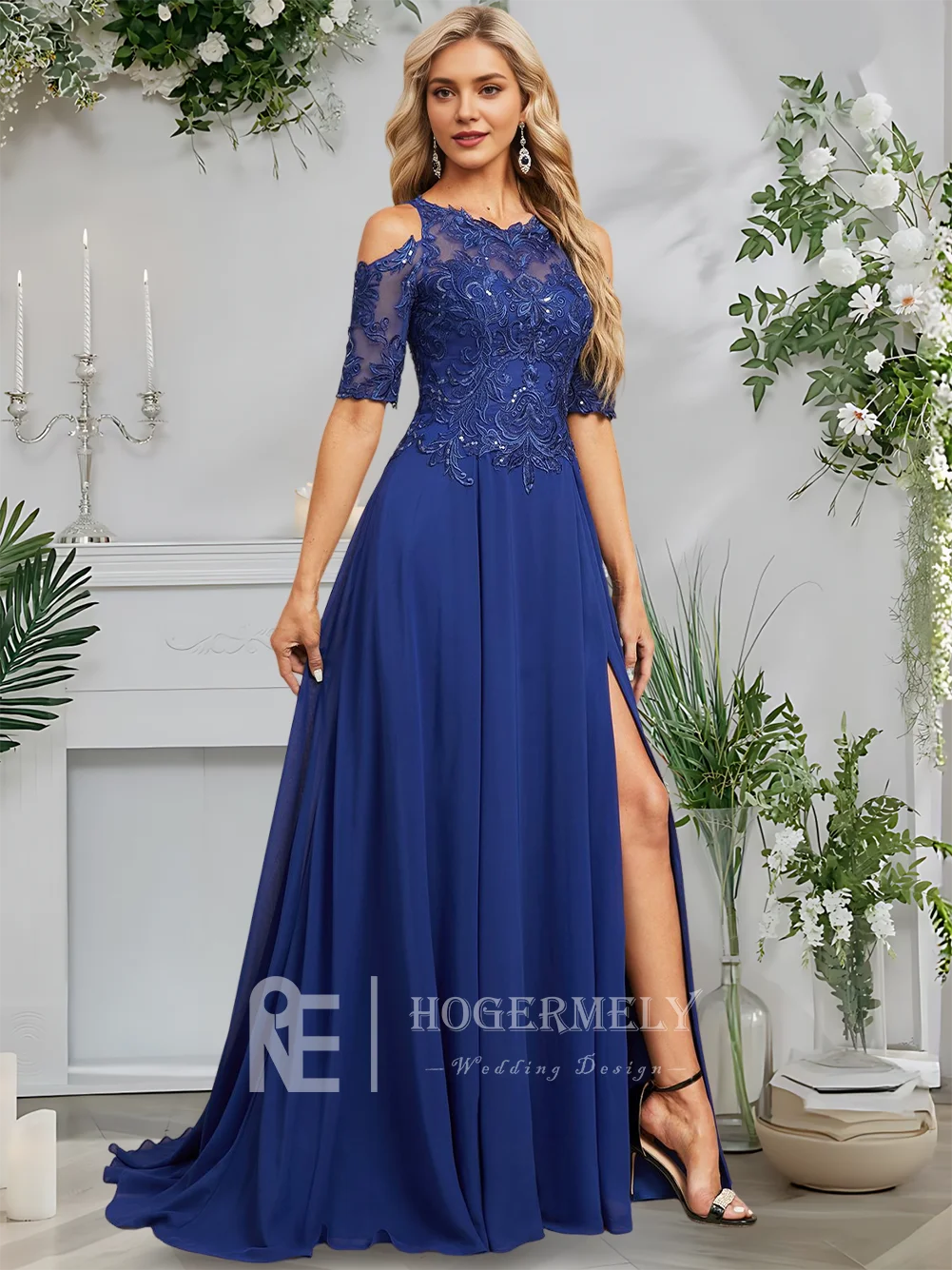 A Evening Dress Royal Blue A-Line Cold Shoulder Scoop Chiffon Lace Prom Dress Sweep Train 1/2 Sleeve Formal Wedding Party Guest
