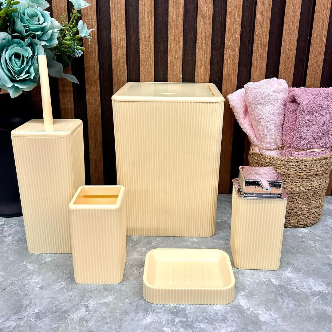 Bathroom Accessories Set 5 Pcs Square Trash Can Toothbrush Toilet Bowl Brush Soap Holder Liquid Dispenser 7L Useful Garbage Bin