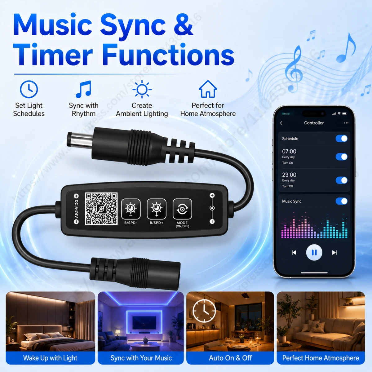DC5-24V Mini Bluetooth LED Strip Controller Single Color Dimmer 3-Key App Control Music Sync Timer for 5050 3528 LED Light Strip