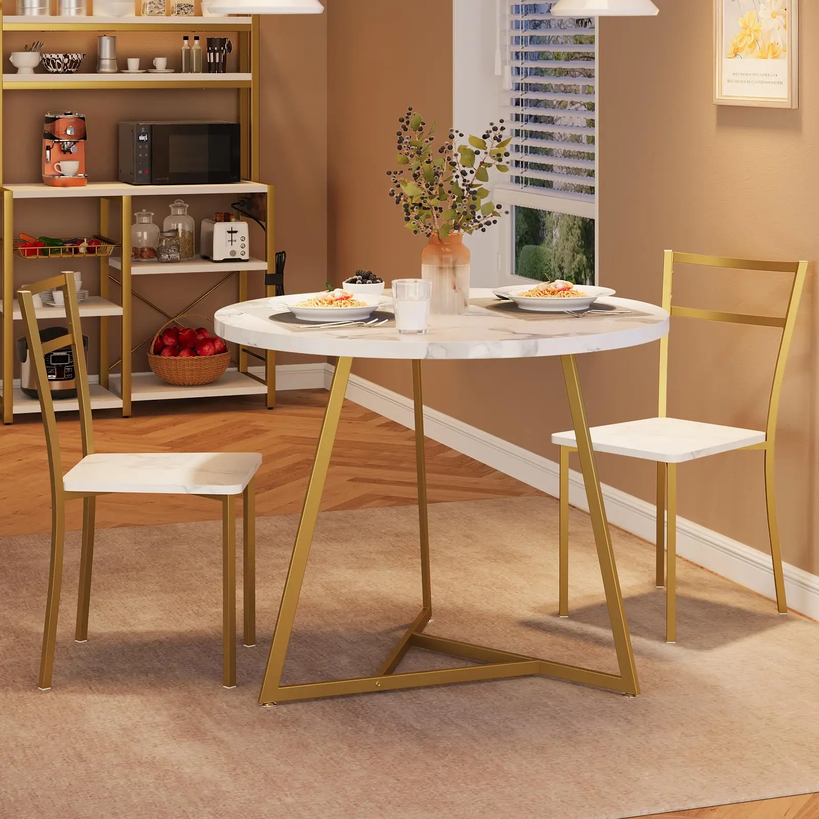 Runde Essgruppe für 2 Personen, 1 Tisch und 2 Stühle, Tischplatte aus MDF und Metallgestell, für Wohnzimmer, Bar oder Esszimmer