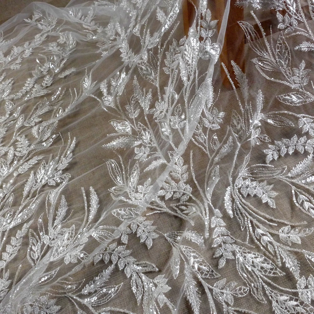 HelluyerDc tela de encaje con cuentas blancas, patrones de orejas de trigo para vestido de fiesta de boda, tela a medida