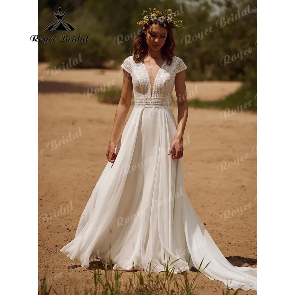 Rustic Elopement Lace Chiffon Boho Deep V Neck Wedding Dress with Cap Sleeve 2024 Backless Bridal Gown for Women vestido de casa