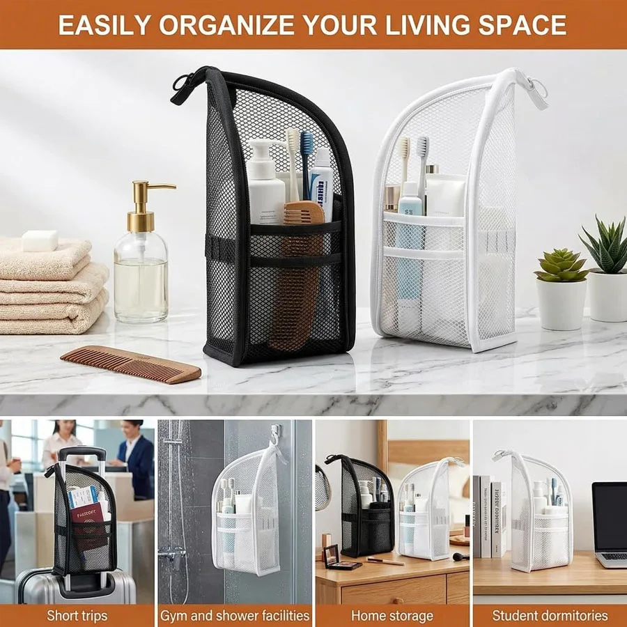 1Pc Portable Mesh Toiletry Bag, Travel Toothbrush Organizer Multi-Functional Makeup Brush Cosmetic Pouch for Travel Daily Use view 4