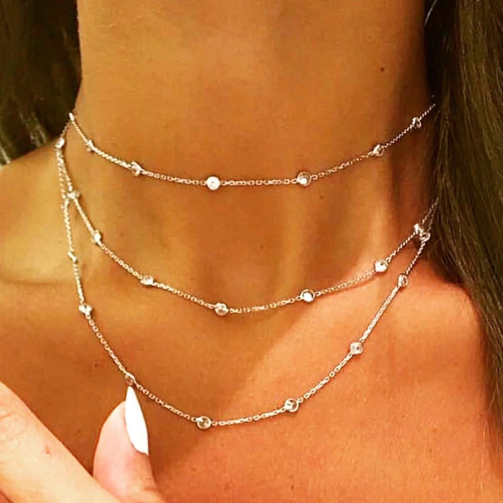 3MM Bezel Set Round Dot Geometric CZ Station Chain Necklace 100% 925 Stelring Silver 46cm 85cm 102cm Multi Layer Chains — zdjęcie 2
