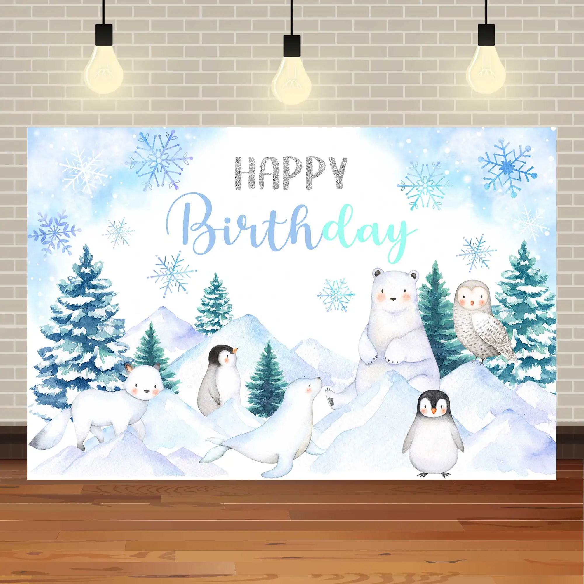 นีโอแบ็กฤดูหนาวสัตว์อาร์กติกเกล็ดหิมะหมีขั้วโลกเพนกวินถ่ายภาพวันเกิดสำหรับเด็กพื้นหลังอาบน้ำทารก