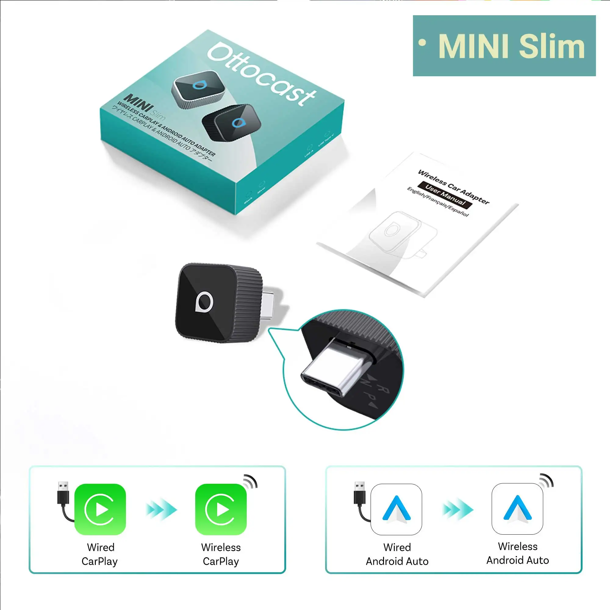 OTTOCAST Mini Slim Cube Draadloze CarPlay Android Auto Adapter 2 in 1 USB AI Auto Accessoires voor VW Haval Audi Kia Porsche Lexus