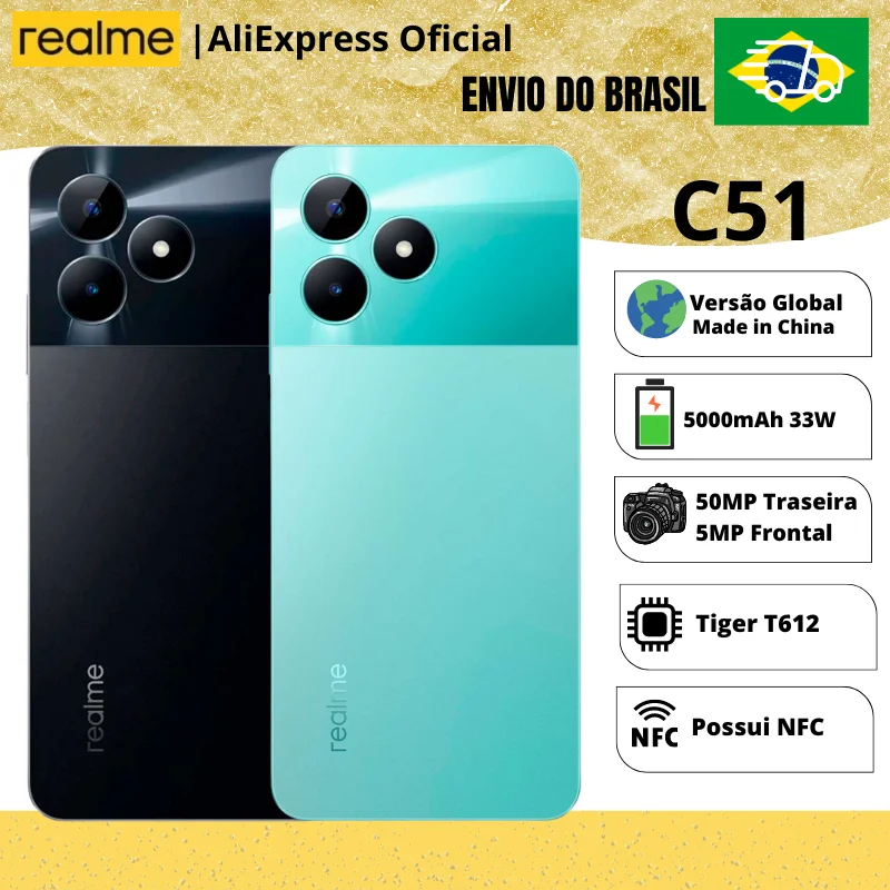 Celular Realme C51 256/6 | Lançamento 2023 | Smartphone 4G, ROM Global, Processador Unisoc Tiger T612, Carregador 33W