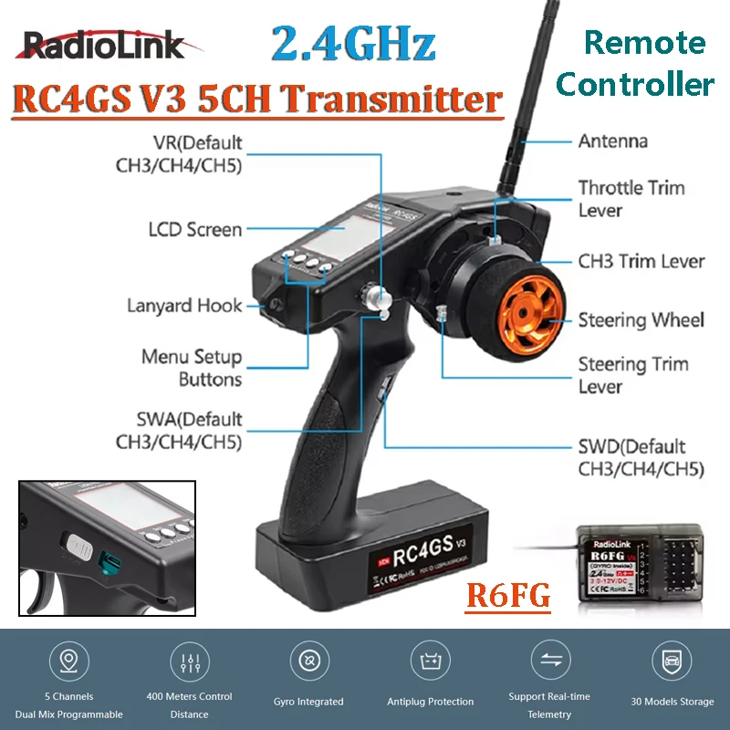 

RadioLink RC4GS V3 2,4G 5-канальный передатчик, пульт дистанционного управления с гироскопом R6FG внутри приемника для радиоуправляемой модели автомобиля, лодки, роботов, аксессуары
