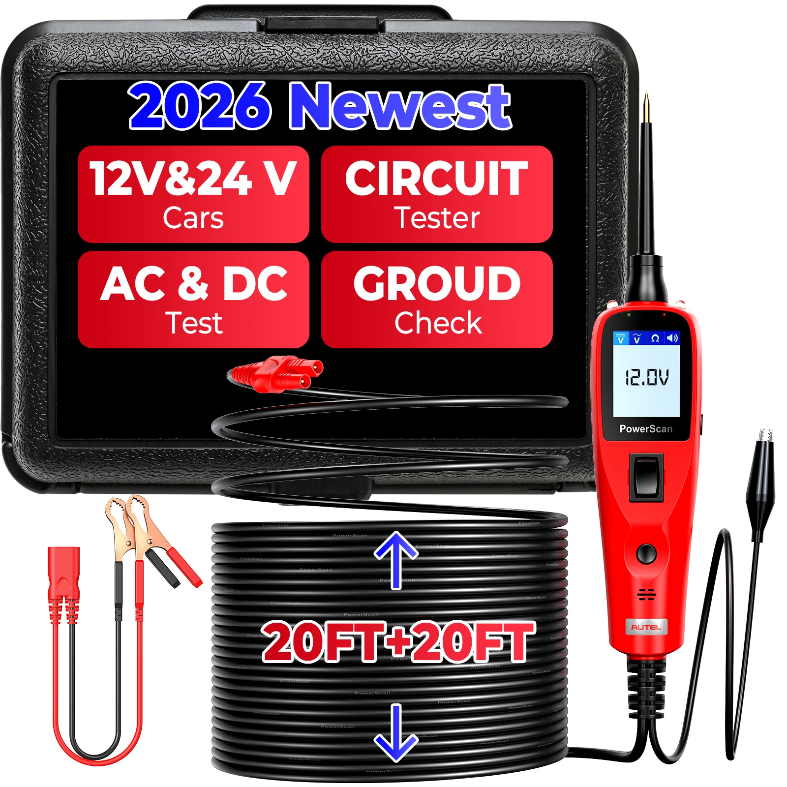 Testeur de circuit électrique Autel PowerScan PS100, sonde de circuit électrique 12-24V, câble de 40 pieds, rallonge de 20 pieds pour 99% des voitures