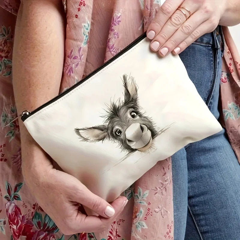 1Pc Cute Donkey Retro Design Makeup Bag, Snack Storage Bag, Stationery Storage Bag, Fashionable Toiletry Bag, Canvas Double-Sided Printed Travel Bag