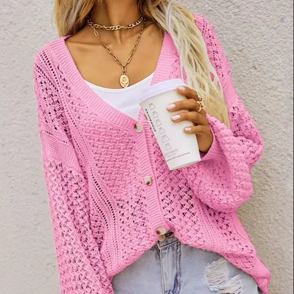 

Вязаный кардиган большого размера с одной пуговицей, ажурный дизайн, удобный крой, повседневная вязаная одежда для женщин