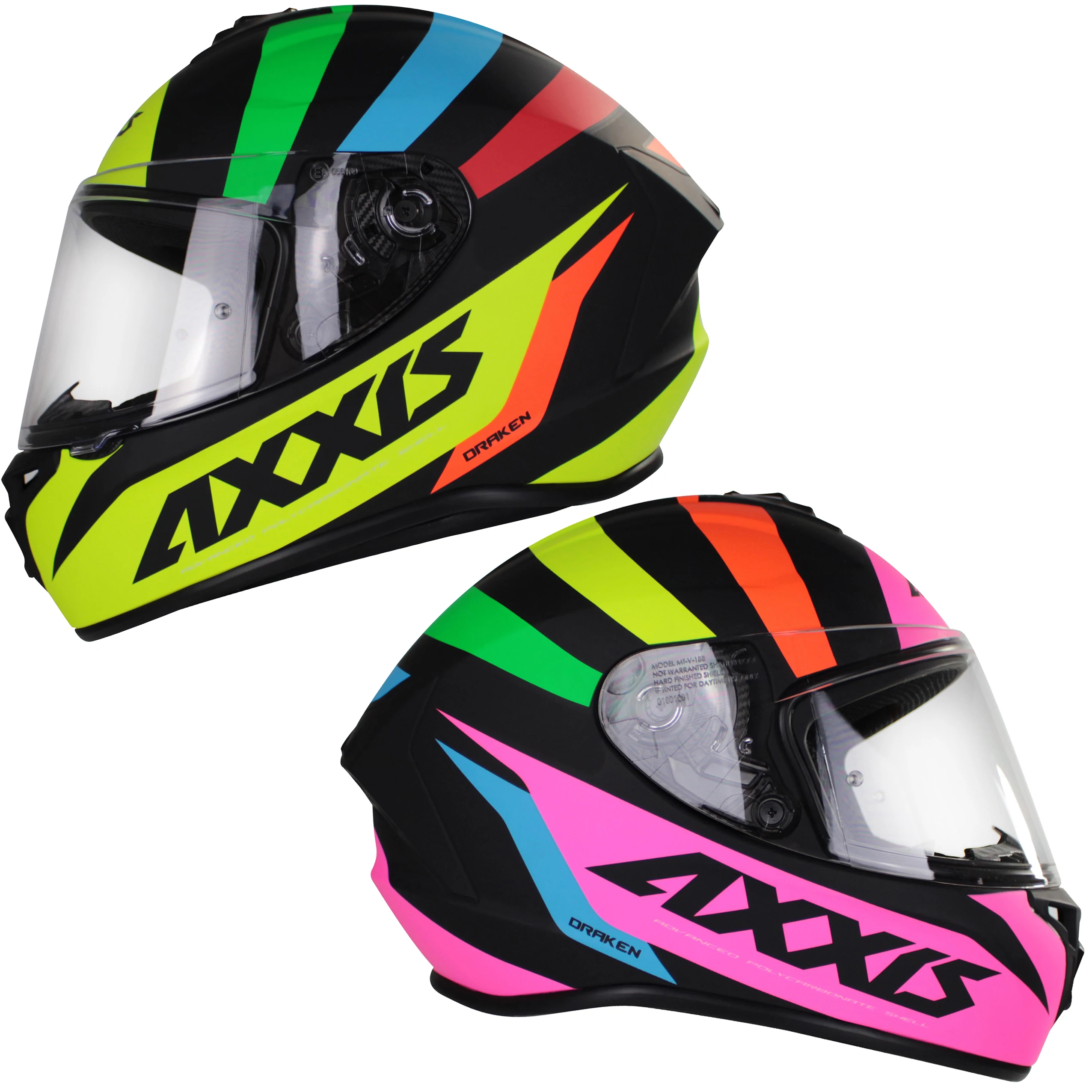 Axxis FF112C Draken S Premier-full helmet moto yellow fluor, fluor pink. Sizes XS to XL. Safety and Motorist Protection