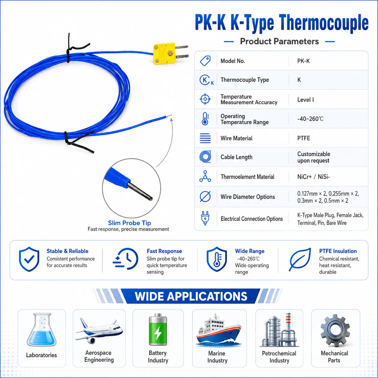 K Type Thermocouple Temperature Sensor Probe PTFE Wire with Mini Male Female Connector 1M 3M 5M 5PCS for Digital Thermometer