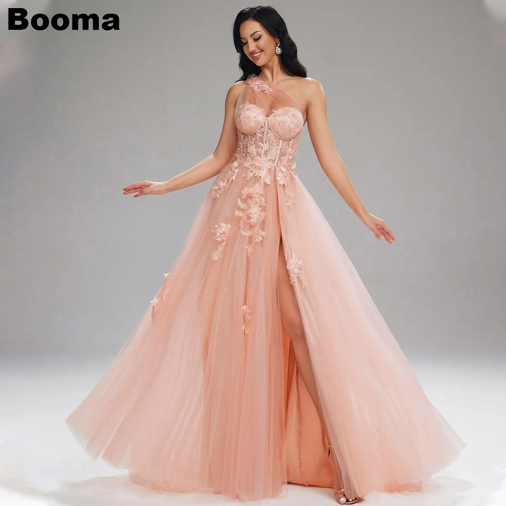 

Booma A-Line Tulle Long Prom Dresses One Shoulder Aplliques Formal Occasion Gowns for Women High Slit Evening Dress Customized