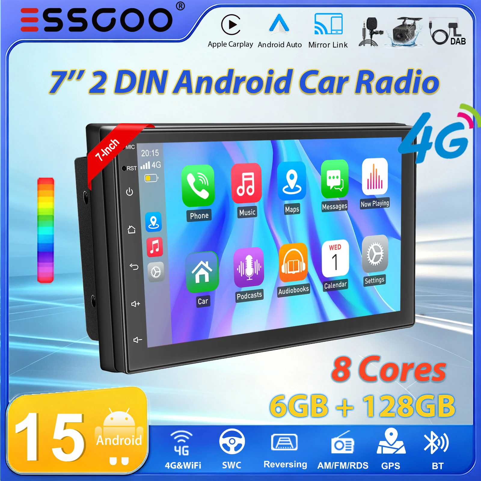 ESSGOO 7" 2 DIN 8-Core 6+128G Android15 Radio samochodowe z bezprzewodowym Carplay i Android Auto, nawigacją GPS, RDS, AM/FM, Wi-Fi, Bluetooth, funkcją Mirror Link, obsługą Swc, ekranem dotykowym,