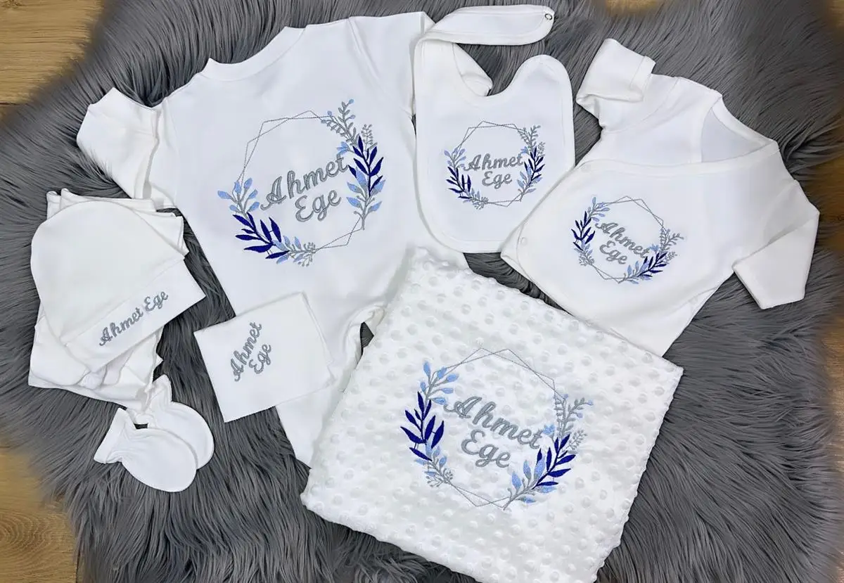 White Floral Embroidered and Name Embroidered Baby Newborn Hospital Release Set