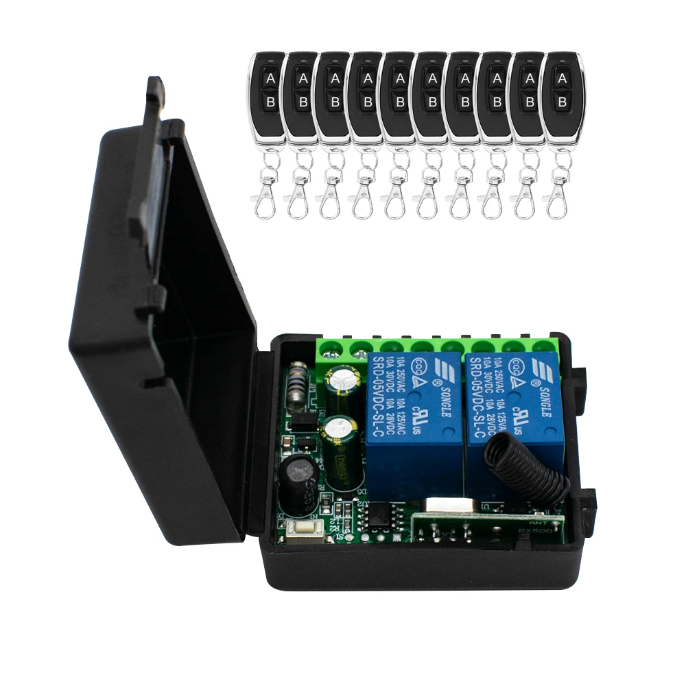 433MHz 2 Channel RF Remote Switch Receiver & Transmitter, Wireless Relay for Garage Door, Curtain, Fan, Light Motor Control