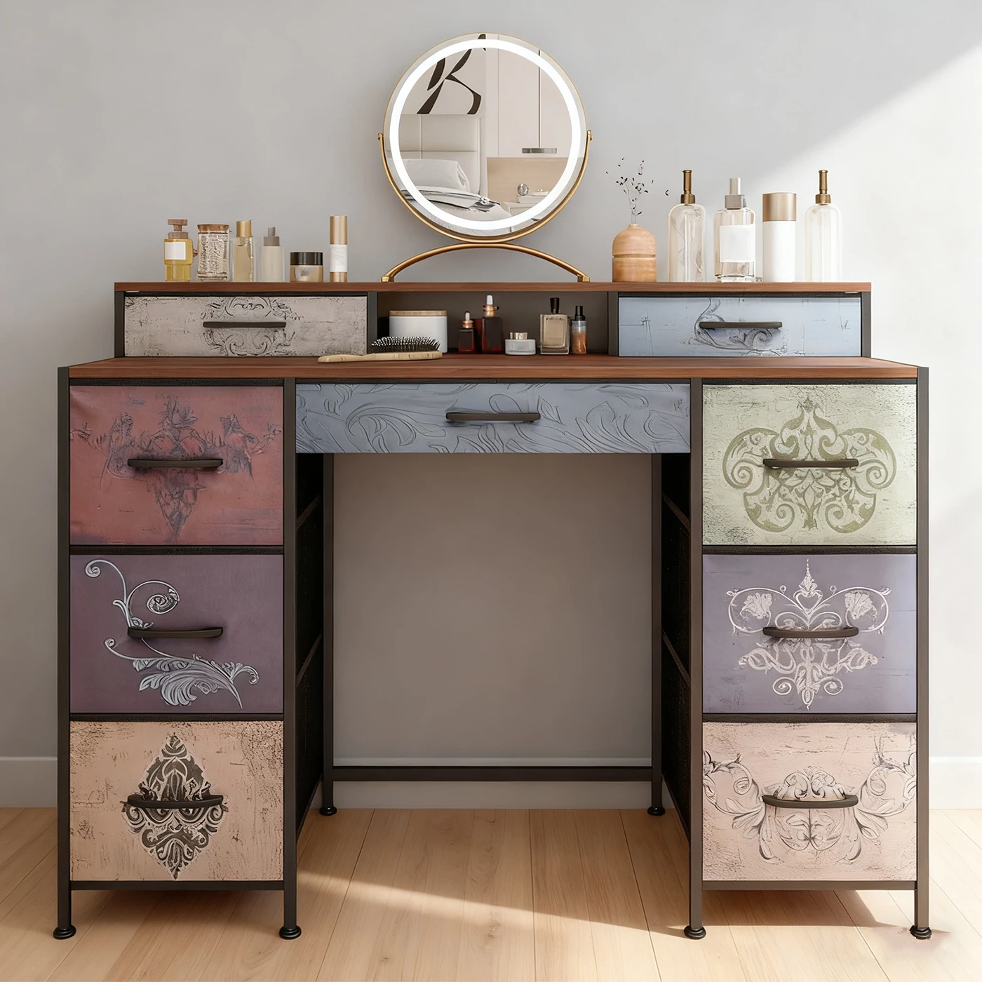 9 cassetti, toletta in tessuto retrò, tavolo da trucco retrò con motivo retrò e vassoio in legno, 121x40x cm, senza specchio