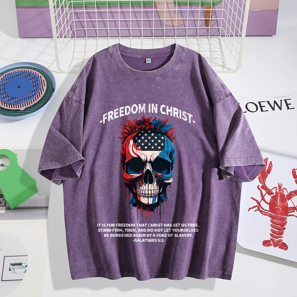 Camiseta lavada cristiana del Día de la Independencia de Freedom In Christ, camisetas informales de manga corta con cuello redondo para mujer, camisetas de gran tamaño