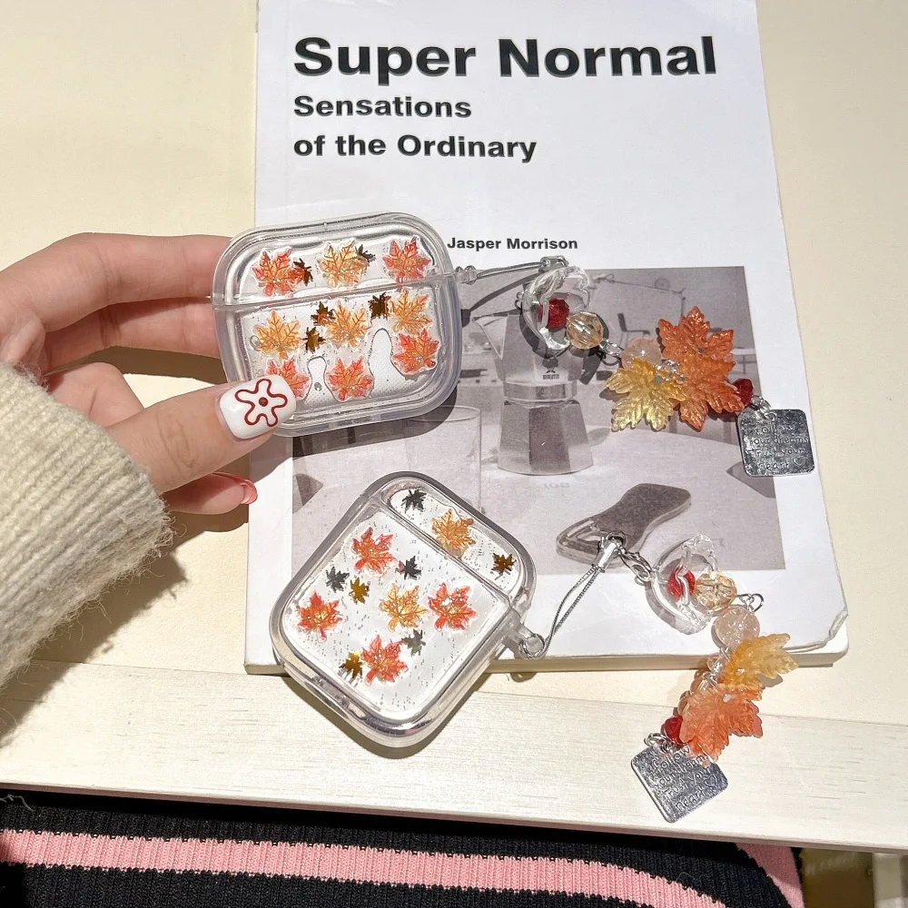 

Glue full screen maple leaf headphone protective case,suitable for AirPods 4/3/2 Pro/2/4,with pendant,INS cute protective case