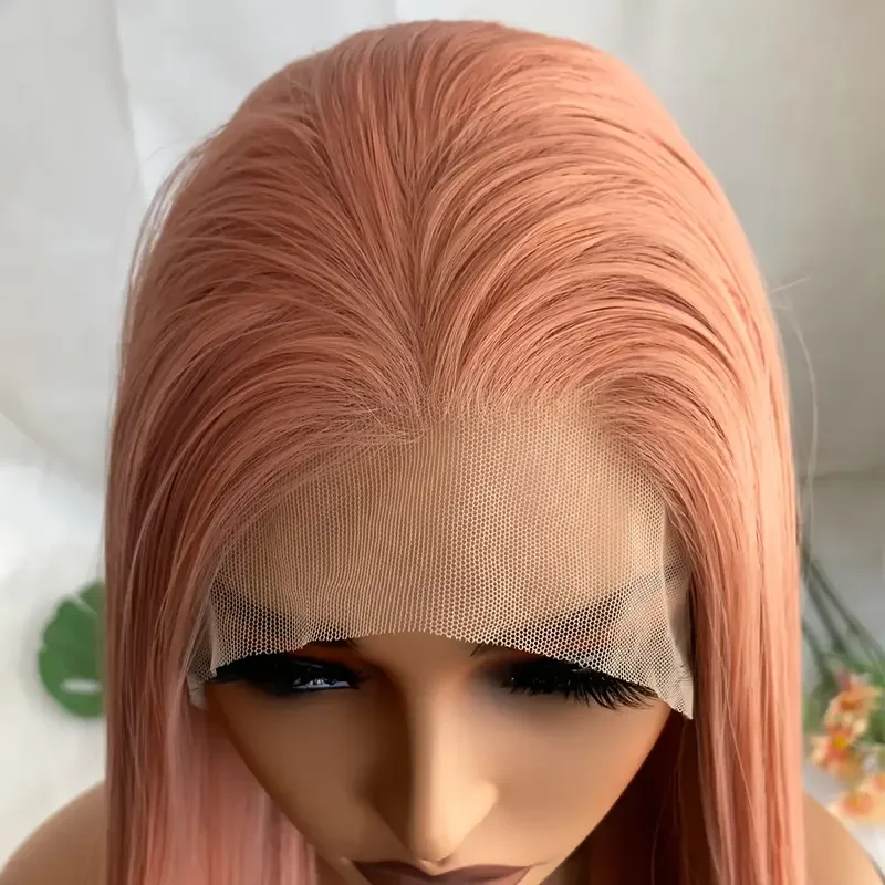 Pelo largo y liso de encaje sintético rosa de 26 pulgadas para mujer: resistente al calor, densidad del 180%, diseño sin pegamento, estilo versátil para todos