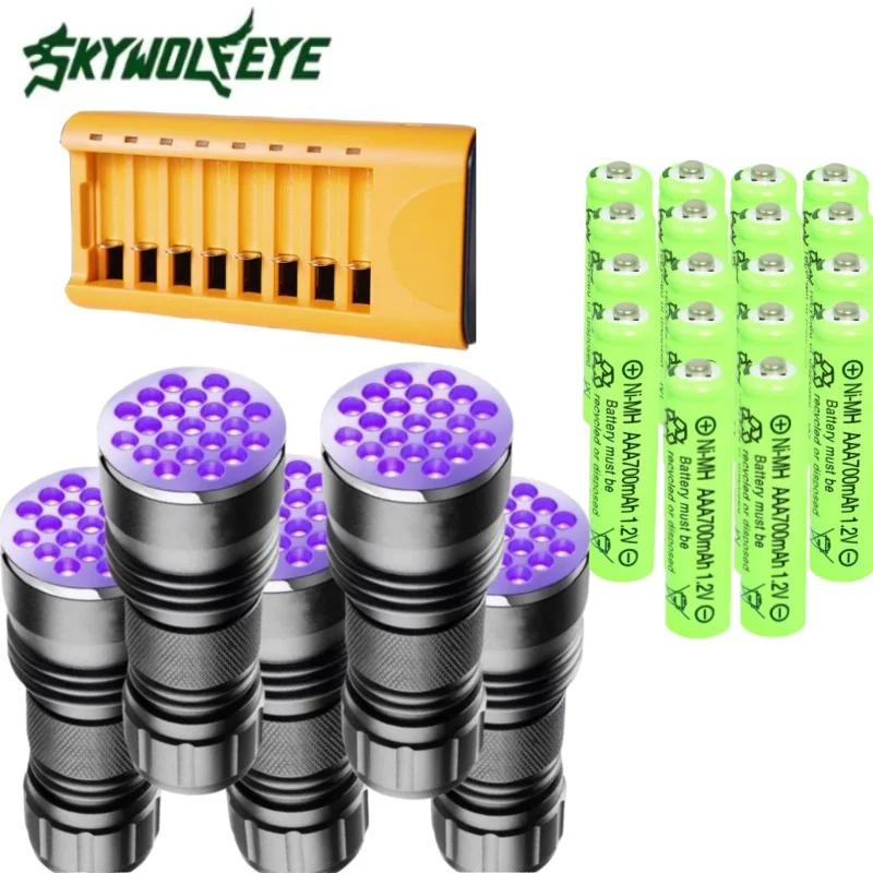 Skywolfeye 6PC 365nm UV Flashlight Black Light 21 LED Llight with AAA Battery and 8 Slot Charger for Pet Stain Scorpion Finder