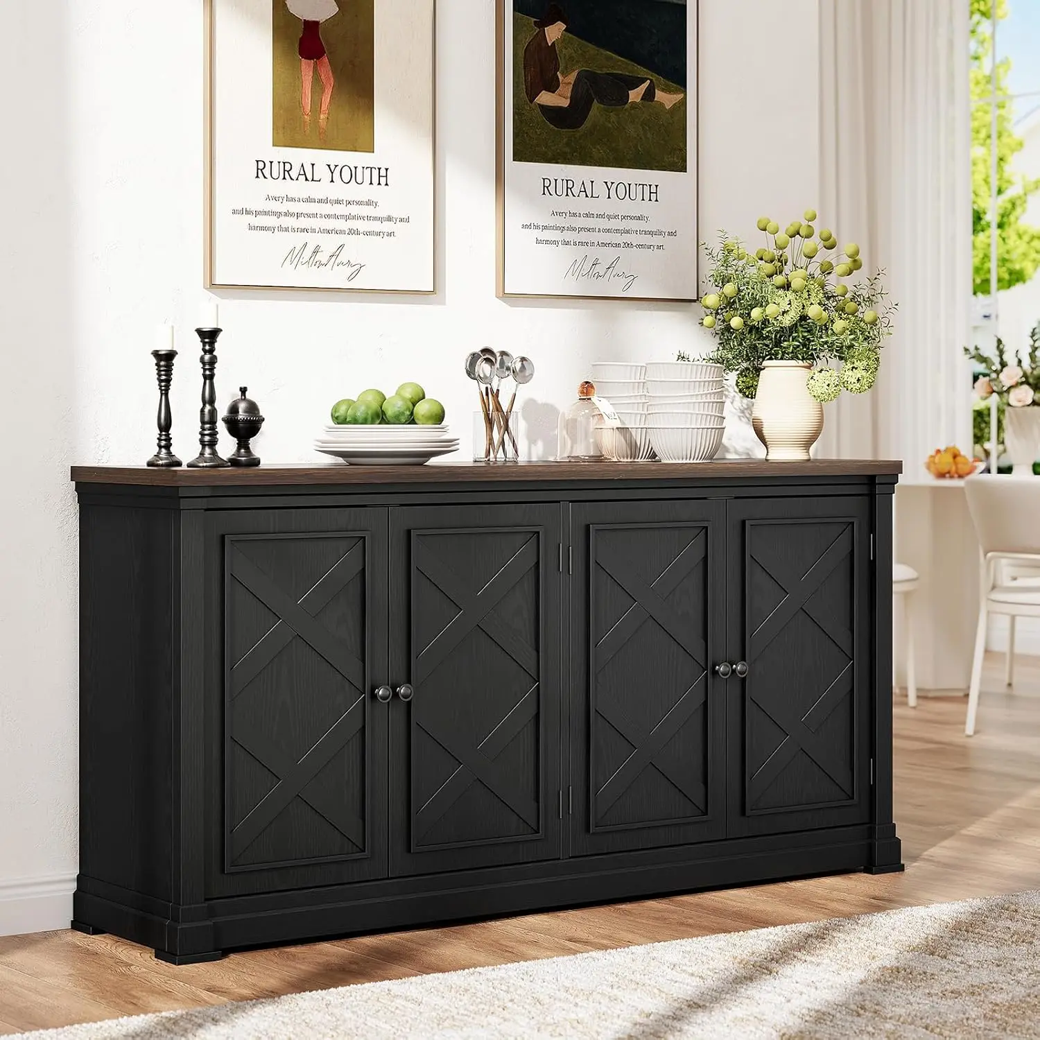 63 Inch Solid Wood Sideboard Buffet Cabinet W/ 4 Barn Doors & Adjustable Shelves, Hidden Storage Coffee Bar for Kitchen Living Room Entryway, Black