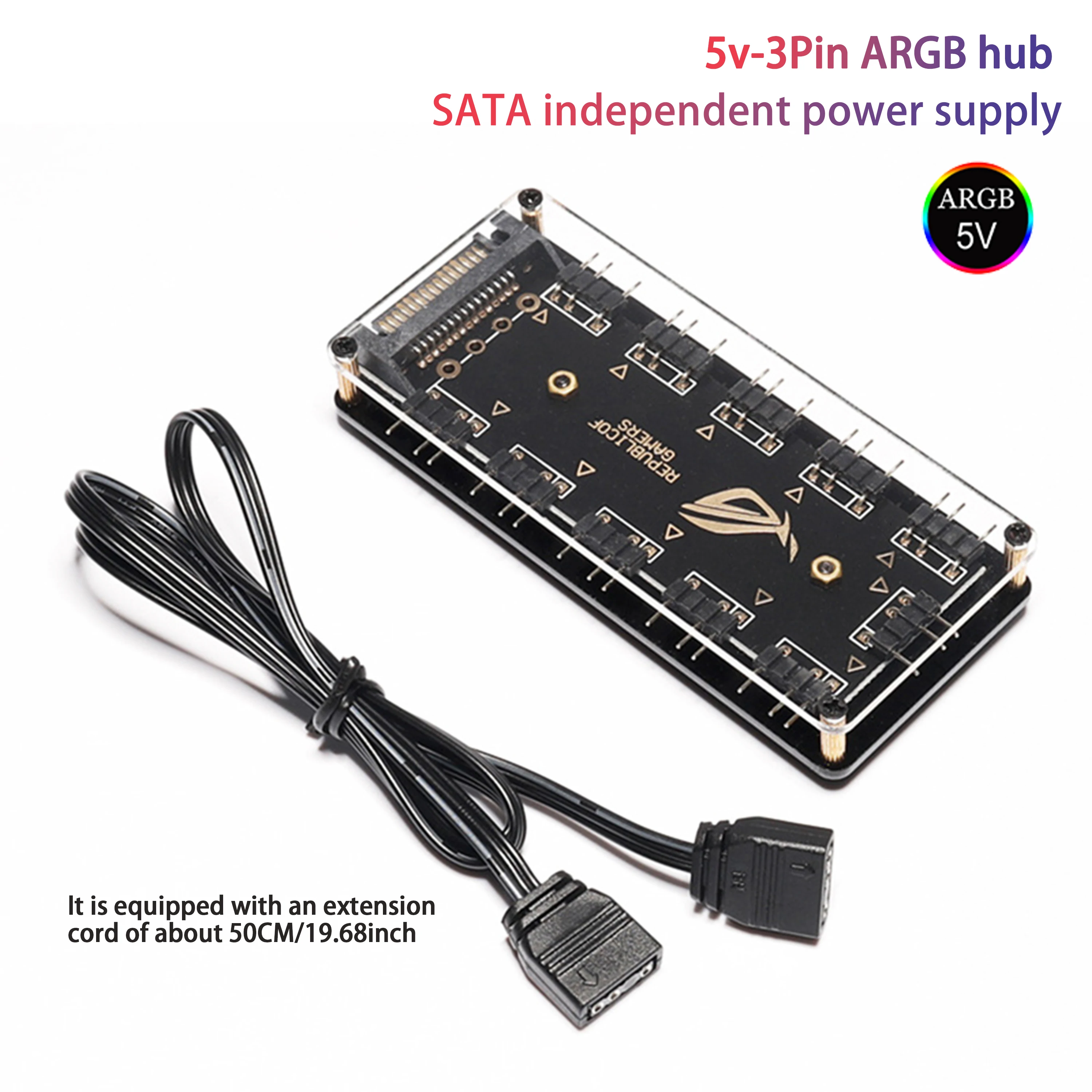 1-in-10 ARGB Hub for Lighting Synchronization, 5V 3-pin to SATA Power Supply, Case Fan Hub Expansion Splitter