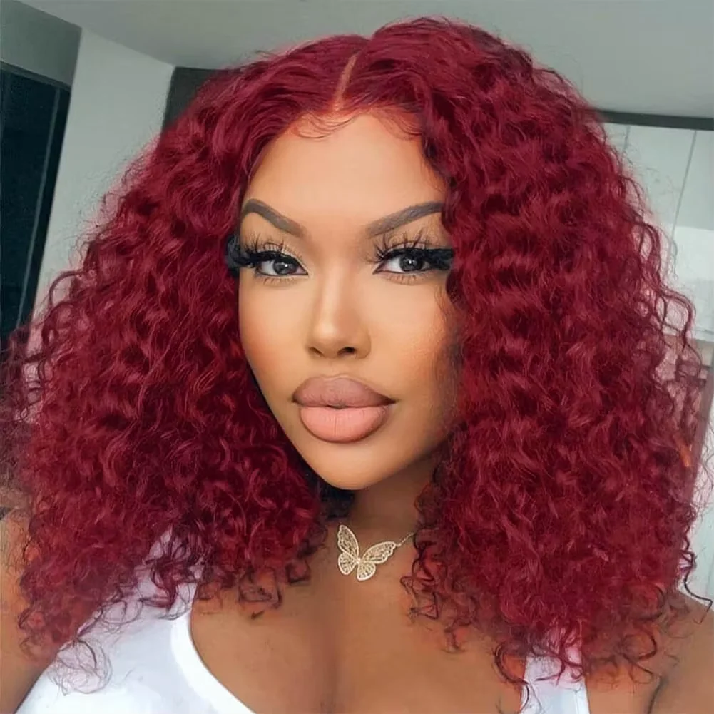 

13x4 Lace Frontal Wigs 200% Brazilian Burgundy Red Color Short Water Wave 99J Bob Wig Human Hair For Black Women Curly Wigs