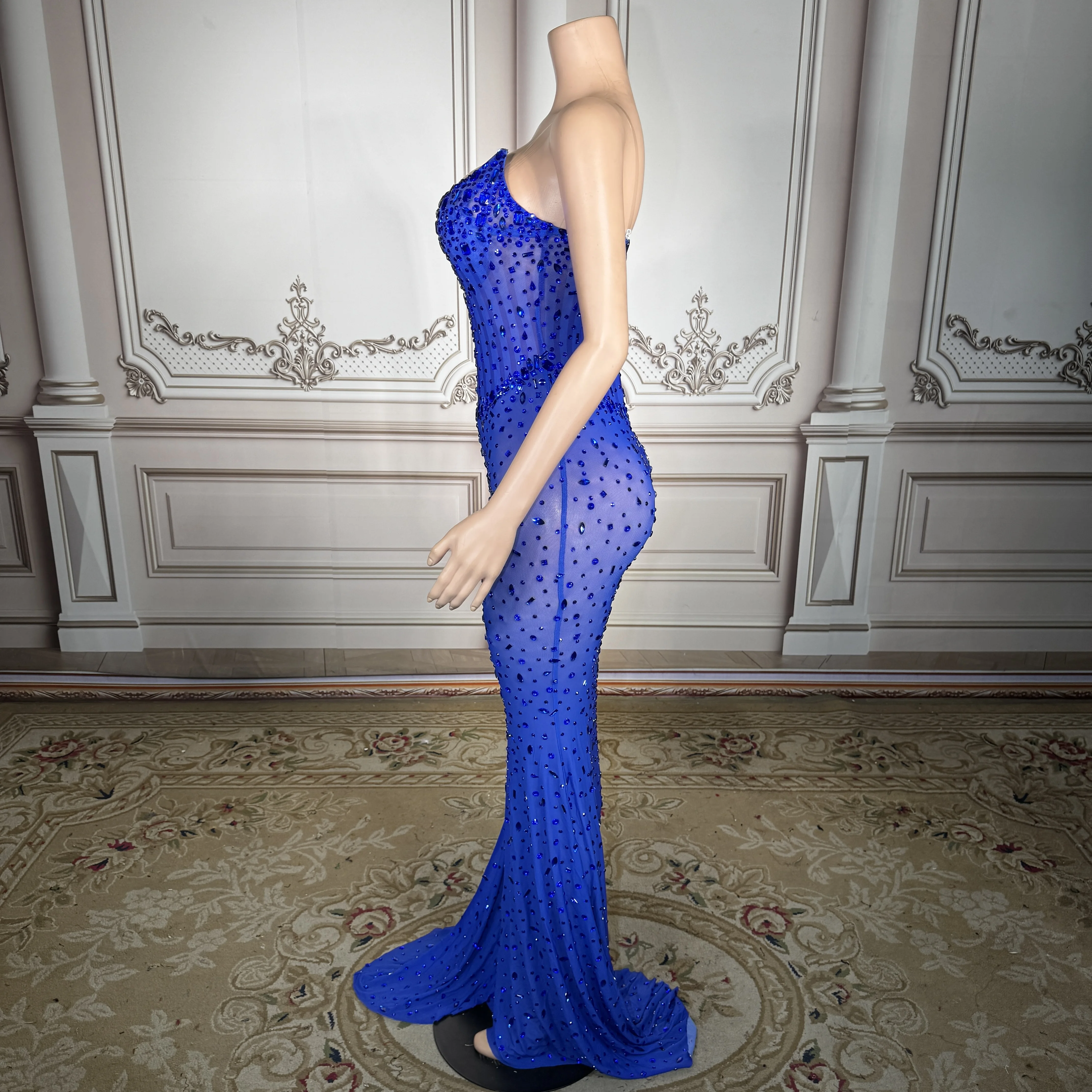 ZD New Sexy Royal Blue Rhinestone Long Dress Women Birthday Party Gown  Luxury Crystals Mesh Sparkly Evening Dress Stage - AliExpress 200000345