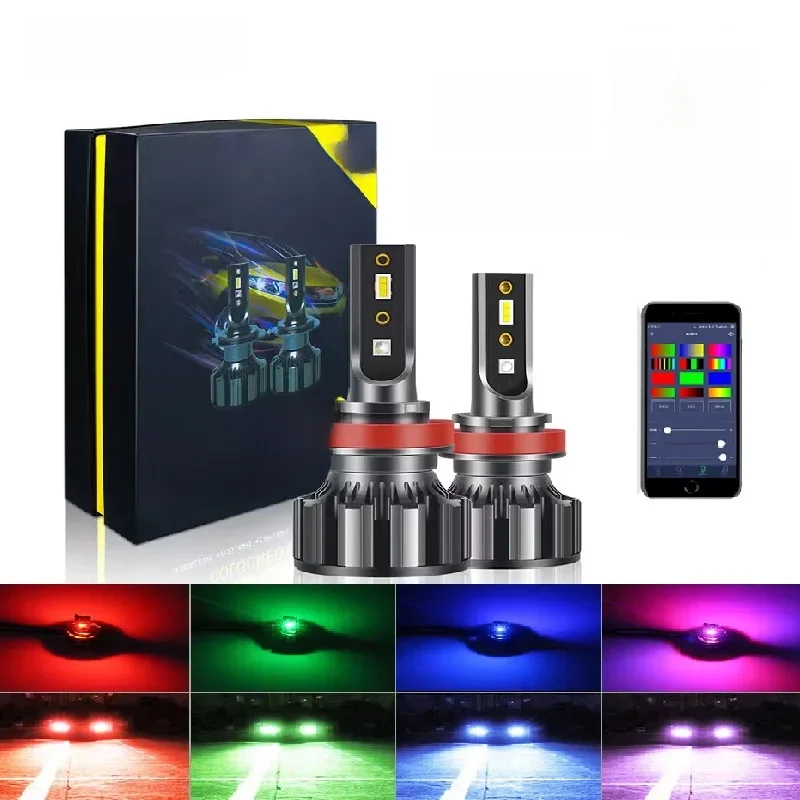 EURS 2PCS RGB Reflektor samochodowy APP Bluetooth Sterowanie H4 H7 LED H1 H3 H8 H11 HB3 HB4 D2S D3S Światło LED Automatyczny reflektor Kolorowe żarówki — 2