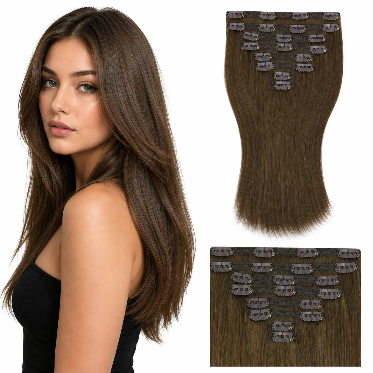 Moresoo 8 Pieces Clip-in Human Hair Extensions 100% Real Remy Hair Brazilian Human Hair 18-24 Inch Full Head Clip-ins for Women