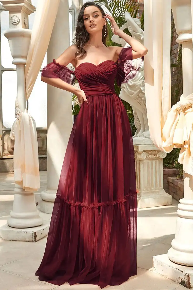 

Floor Length A Line Pleated Tulle Occasion Prom Dress Sweatheart Neck Wedding Bridesmaid Dress vestido para boda invitada