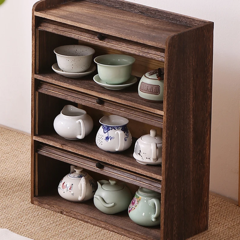 Solid wood roll-up design teacups three-layer storage shelf storage boogie rack teapot rack desktop dustproof tea cabinet