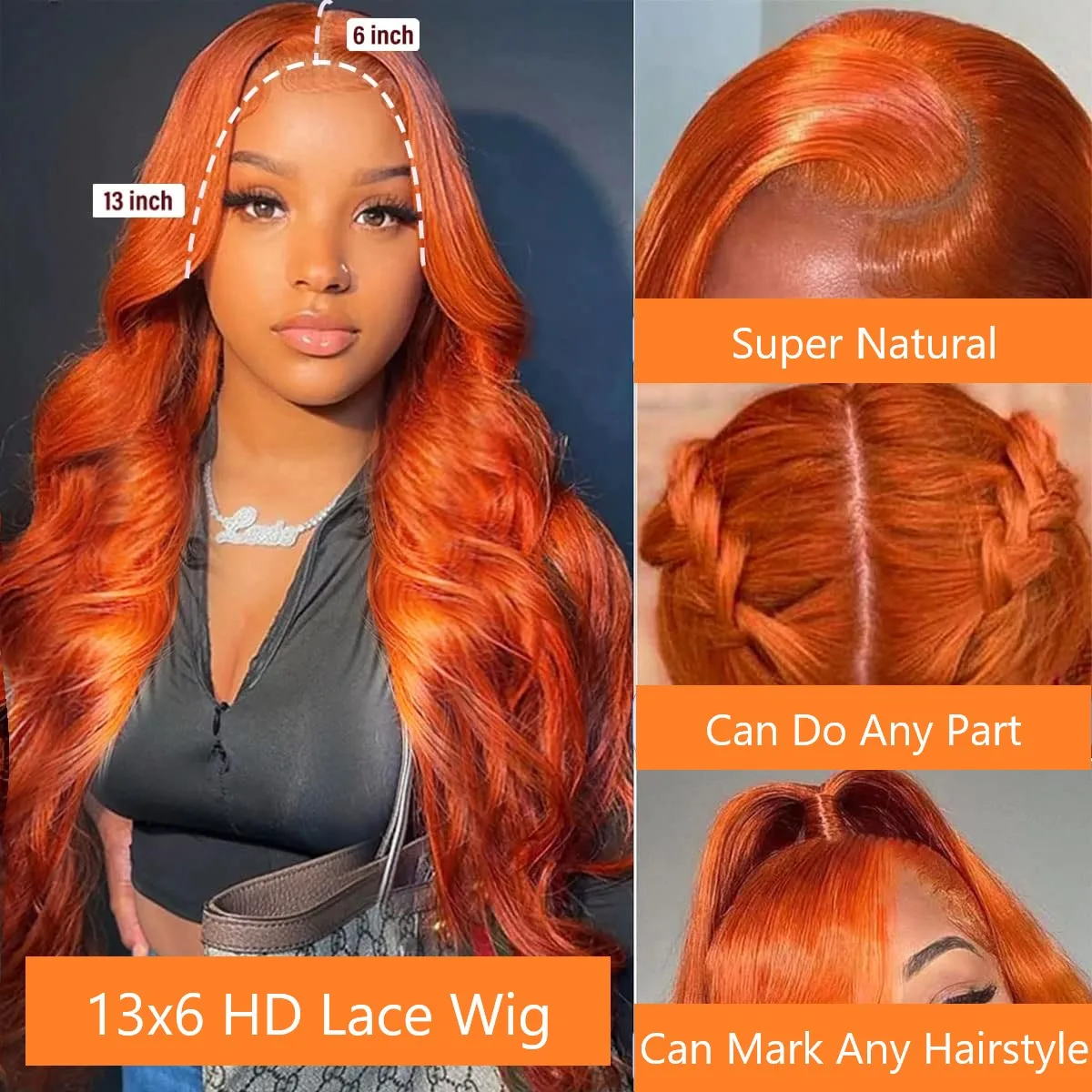 Body Wave Ginger Lace Front Wigs Human Hair 13x6 HD Orange Lace Front Wigs Human Hair Pre Plucked 200% Density For Black Women