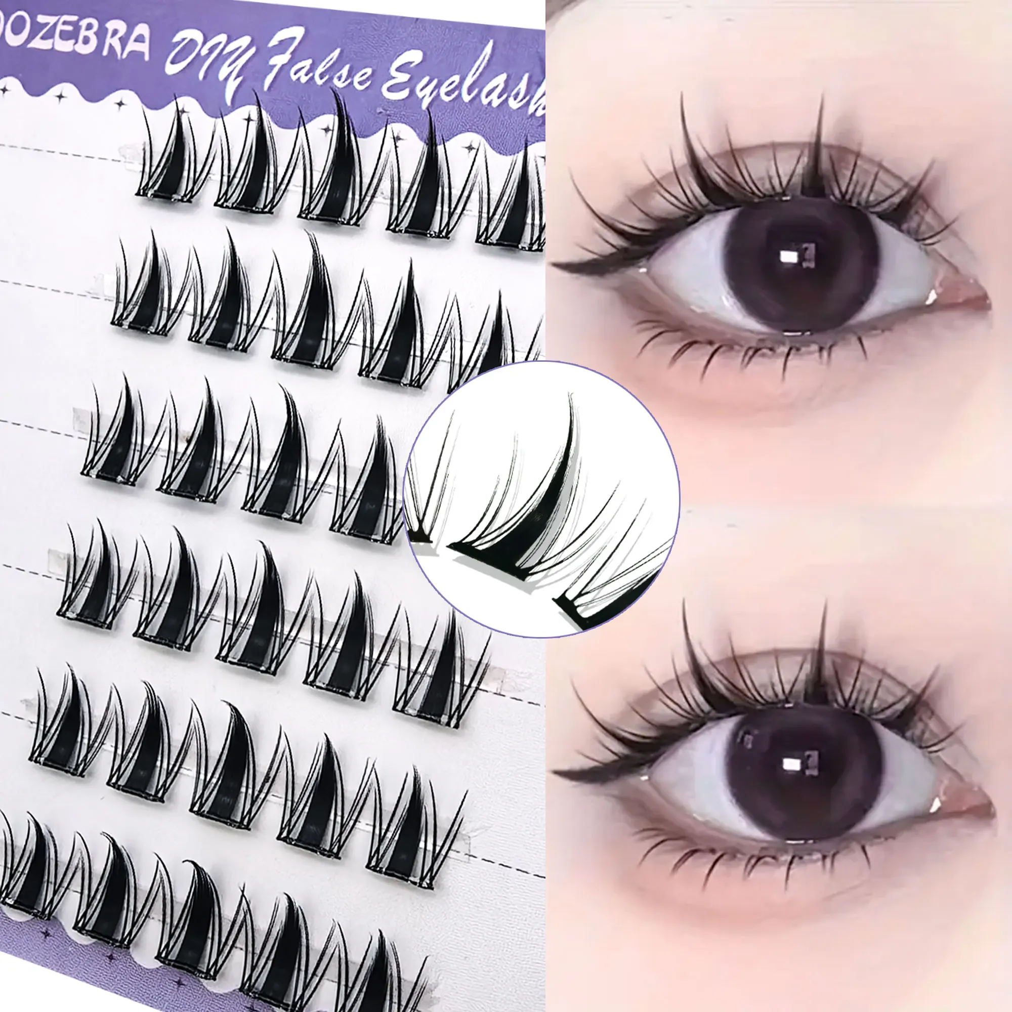 6/10 rijen komische lijmvrije valse wimpers, ultralicht en dun, natuurlijk, met zwarte stengels, voor dagelijks gebruik