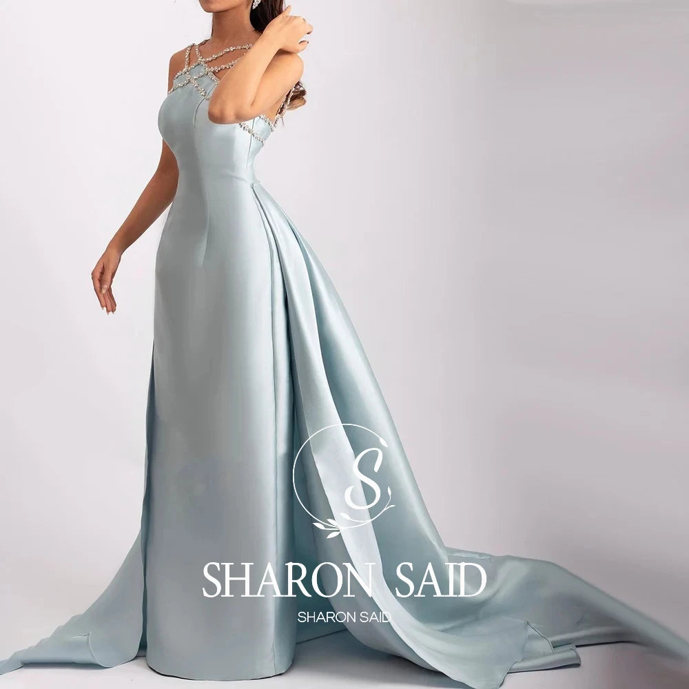Sharon Said Elegantes Hellblaues Satin-Abendkleid im Arabischen Stil für Hochzeiten, mit Überrock, Formelle Partykleider SF048, Maßanfertigung – Detail 5