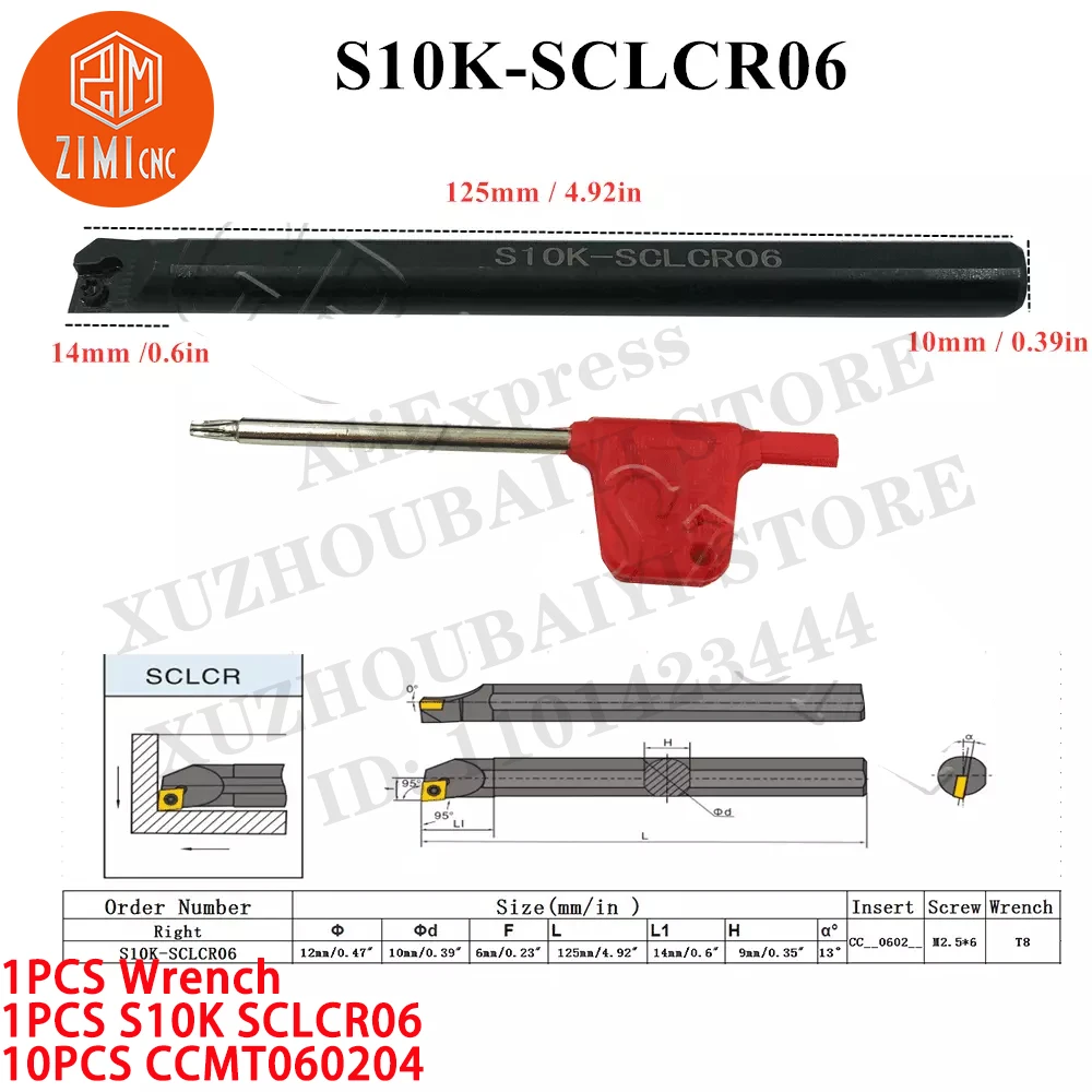 1PCS S10K SCLCR06 10*125mm CNC Lathe Internal Turning Tool Holder + 10pcs CCMT060204 Carbide Inserts CNC mechanical cutting tool
